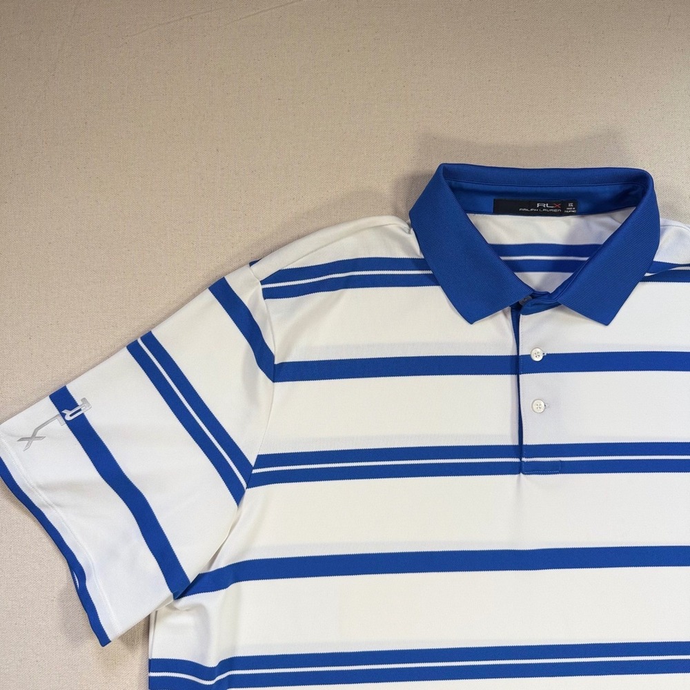RLX Ralph Lauren Mens XXL Blue White Striped Golf Polo Shirt Elevated